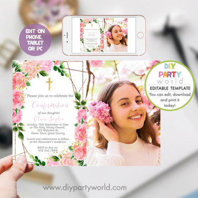 DIY Editable Pink Floral Confirmation Photo Invitation R1005 - DIY Party World