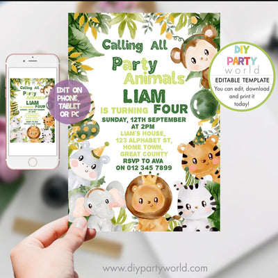 DIY Editable Safari Animals Birthday Invitation B1005 - DIY Party World