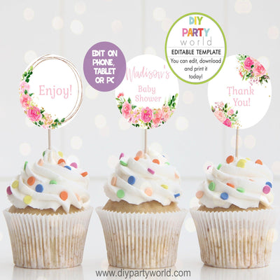 DIY Editable Pink Floral Party Cupcake Toppers 1013 - DIY Party World