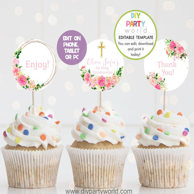 DIY Editable Pink Floral Party Cupcake Toppers Gold Cross R1005 - DIY Party World