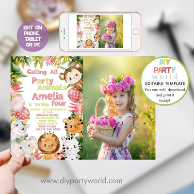 DIY Editable Pink Safari Animals Birthday Photo Invitation B1005 - DIY Party World