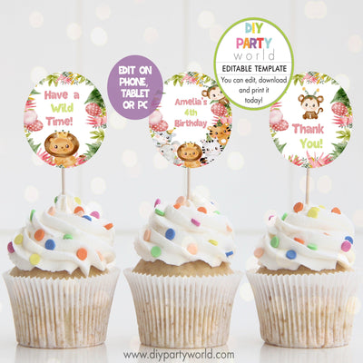 DIY Editable Pink Safari Animals Party Cupcake Toppers B1005 - DIY Party World