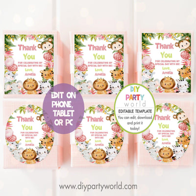 DIY Editable Pink Safari Animals Party Favour Tags B1005 - DIY Party World