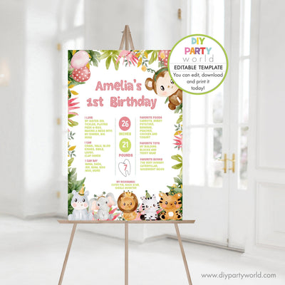 DIY Editable Safari Animals Birthday Party Milestones Sign Pink B1005 - DIY Party World