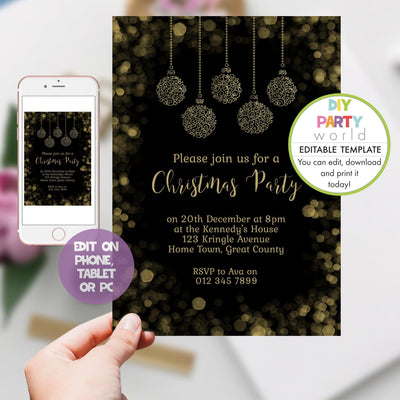 DIY Editable Black and Gold Baubles Christmas Party Invitation C1016 - DIY Party World