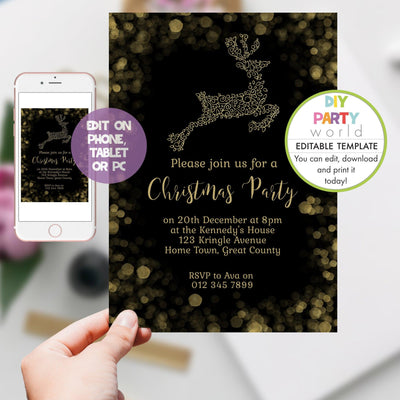DIY Editable Black and Gold Reindeer Christmas Party Invitation C1016 - DIY Party World