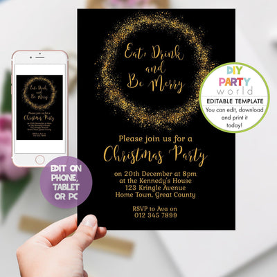 DIY Editable Gold Wreath Christmas Party Invitation C1016 - DIY Party World