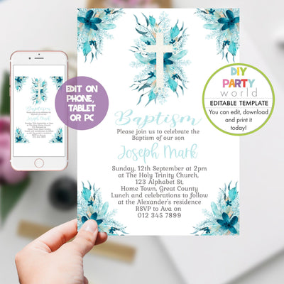 DIY Editable Blue Floral White Cross Baptism Invitation R1004 - DIY Party World