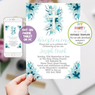 DIY Editable Blue Floral White Cross Christening Invitation R1004 - DIY Party World