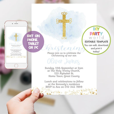 DIY Editable Blue Gold Cross Christening Invitation R1002 - DIY Party World