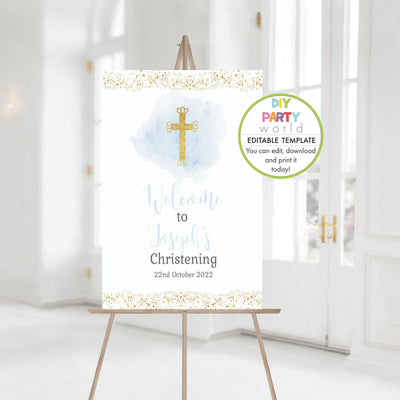 DIY Editable Blue Gold Cross Welcome Sign R1002 - DIY Party World
