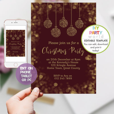 DIY Editable Burgundy and Gold Christmas Baubles Party Invitation C1016 - DIY Party World