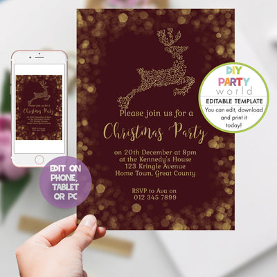 DIY Editable Burgundy and Gold Reindeer Christmas Party Invitation C1016 - DIY Party World