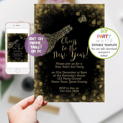 DIY Editable Black and Gold Champagne Bottle New Year's Eve Party Invitation Y1001 - DIY Party World