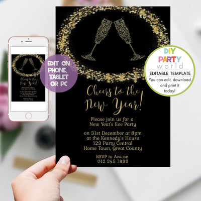 DIY Editable Black and Gold Champagne Glasses New Year's Eve Party Invitation Y1002 - DIY Party World