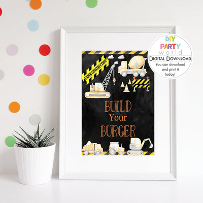 DIY Construction Build Your Burger Party Sign Printable - DIY Party World