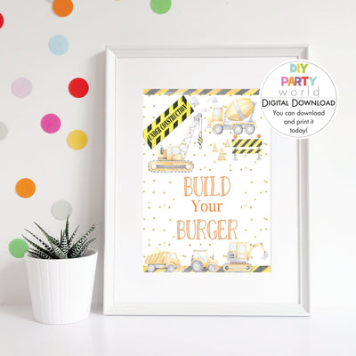 DIY Printable Construction Build Your Burger Party Sign - DIY Party World