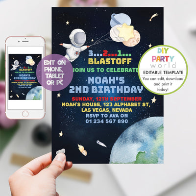 DIY Editable Space Birthday Party Invitation B1002 - DIY Party World