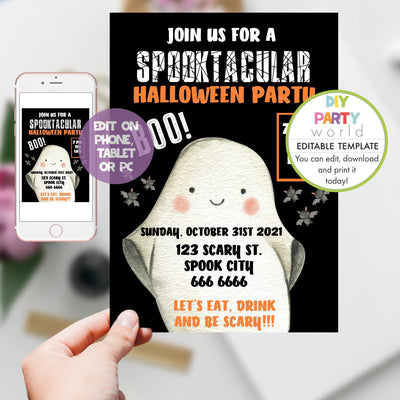 DIY Editable Cute Ghost Halloween Invitation Template H1001 - DIY Party World