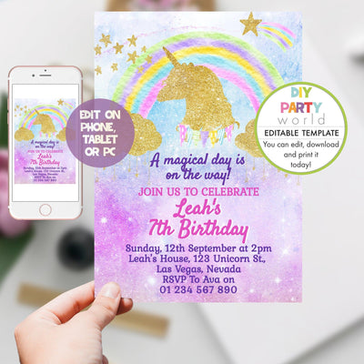 DIY Editable Gold Unicorn Birthday Party Invitation B1006 - DIY Party World