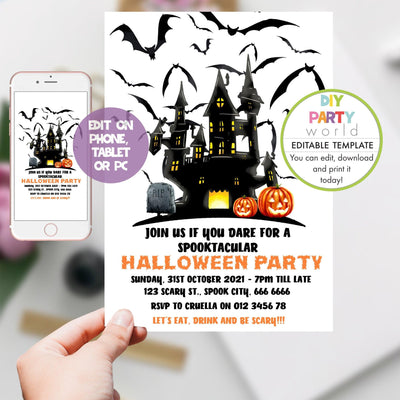 DIY Editable Haunted House Halloween Party Invitation H1006 - DIY Party World