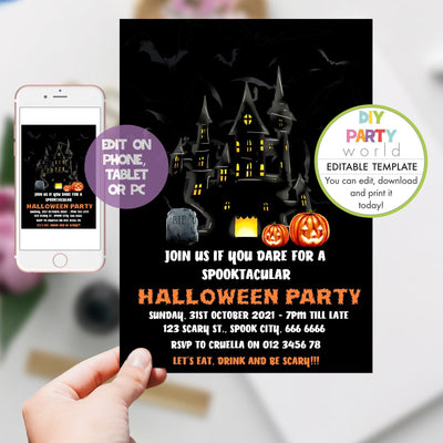 DIY Editable Haunted House Halloween Invitation H1006 - DIY Party World