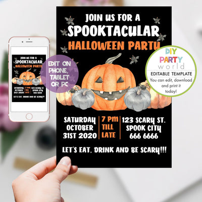 DIY Editable Scary Pumpkin Halloween Party Invitation H1003 - DIY Party World