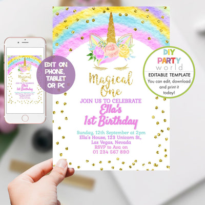 DIY Editable Unicorn Magical One First Birthday Invitation B1006 - DIY Party World