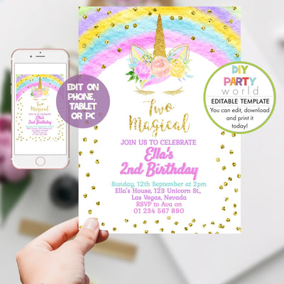 DIY Editable Unicorn Two Magical Second Birthday Invitation B1006 - DIY Party World