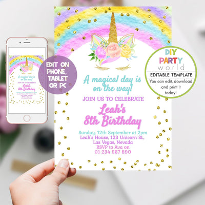 DIY Editable Unicorn Birthday Party Invitation B1006 - DIY Party World