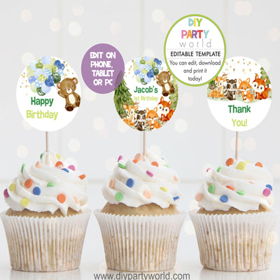 DIY Editable Woodland Animals Party Cupcake Toppers Blue B1011 - DIY Party World
