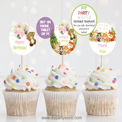 DIY Editable Woodland Animals Party Cupcake Toppers Pink B1011 - DIY Party World