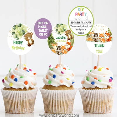 DIY Editable Woodland Animals Party Cupcake Toppers Green B1011 - DIY Party World