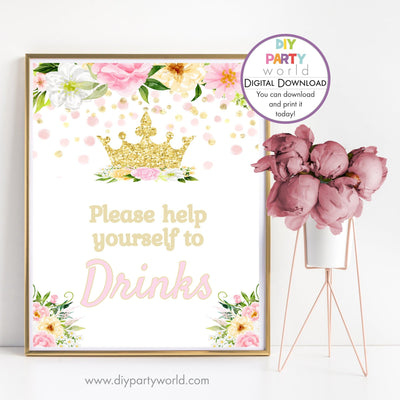 DIY Princess Crown Party Drinks Sign Decoration Printable 1015 - DIY Party World