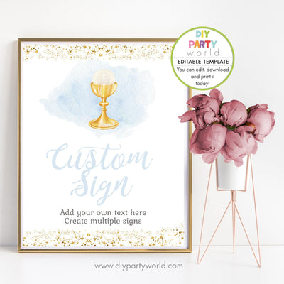 DIY Editable Blue First Holy Communion Custom Party Sign Template R1002 - DIY Party World