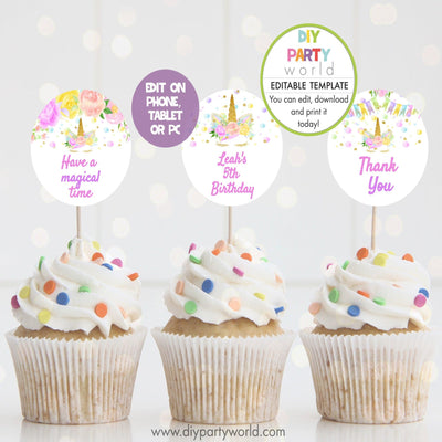 DIY Editable Floral Unicorn Party Cupcake Toppers B1006 - DIY Party World