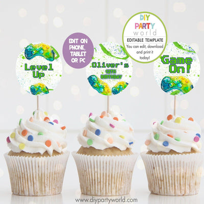 DIY Editable Gamer Party Cupcake Toppers B1010 - DIY Party World
