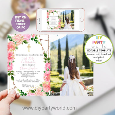 DIY Editable Pink Floral First Holy Communion Photo Invitation R1005 - DIY Party World