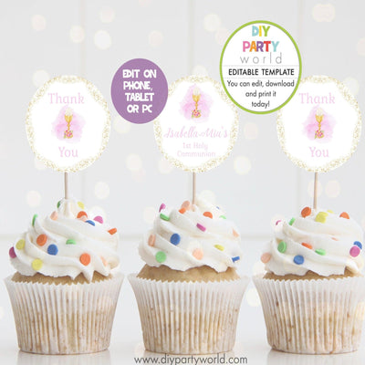 DIY Editable Pink First Holy Communion Cupcake Toppers R1002 - DIY Party World