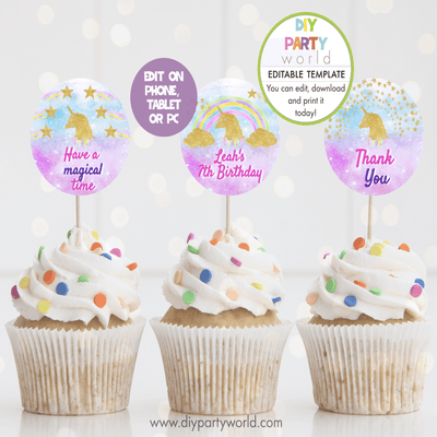 DIY Editable Gold Unicorn Party Cupcake Toppers B1006 - DIY Party World