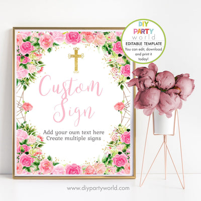 DIY Editable Pink Floral Custom Party Sign Gold Cross R1005 - DIY Party World