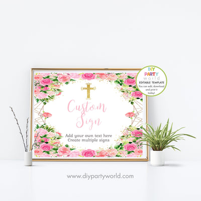 DIY Editable Pink Floral Custom Party Sign Gold Cross Landscape R1005 - DIY Party World