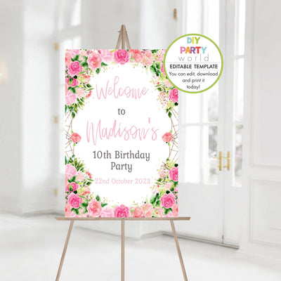 DIY Editable Pink Floral Party Welcome Sign 1013 - DIY Party World