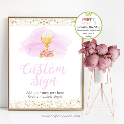 DIY Editable Pink First Holy Communion Custom Party Sign Template R1002 - DIY Party World
