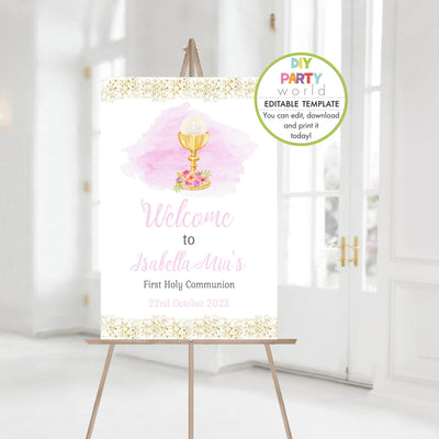 DIY Editable Pink Communion Welcome Sign R1002 - DIY Party World