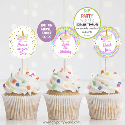 DIY Editable Rainbow Unicorn Party Cupcake Toppers B1006 - DIY Party World