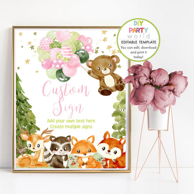 DIY Editable Woodland Animals Custom Party Sign Pink B1011 - DIY Party World