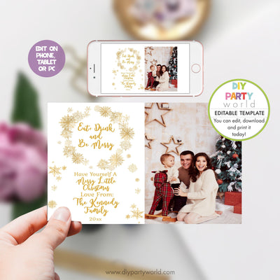 DIY Editable Gold Snowflake Wreath Photo Christmas Card C1019 - DIY Party World