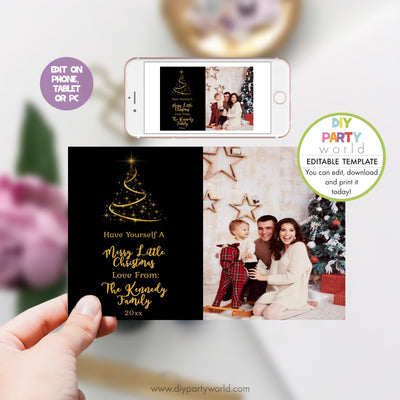 DIY Editable Christmas Tree Photo Christmas Card Black and Gold C1016 - DIY Party World