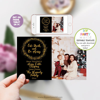 DIY Editable Gold Wreath Photo Christmas Card C1016 - DIY Party World